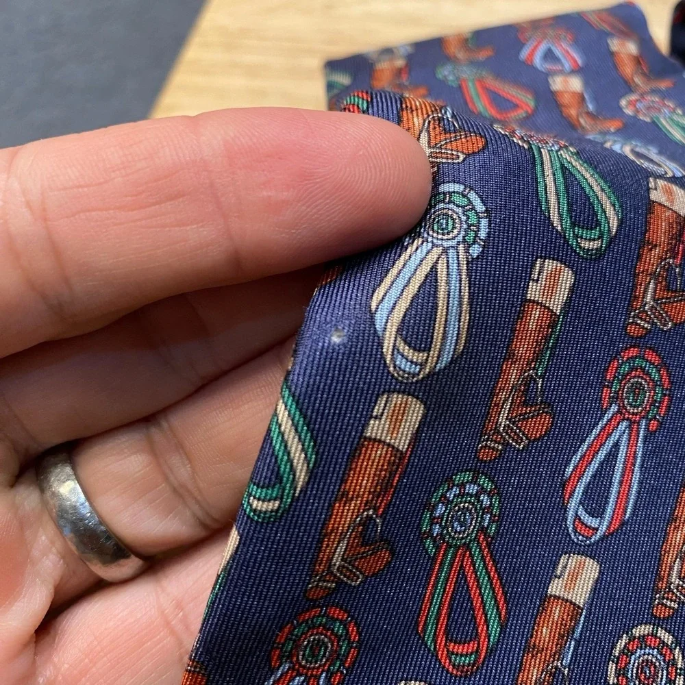 Gucci Tie Mens Blue Horse Bit Equestrian Boot Print Silk Italy Vintage 90s